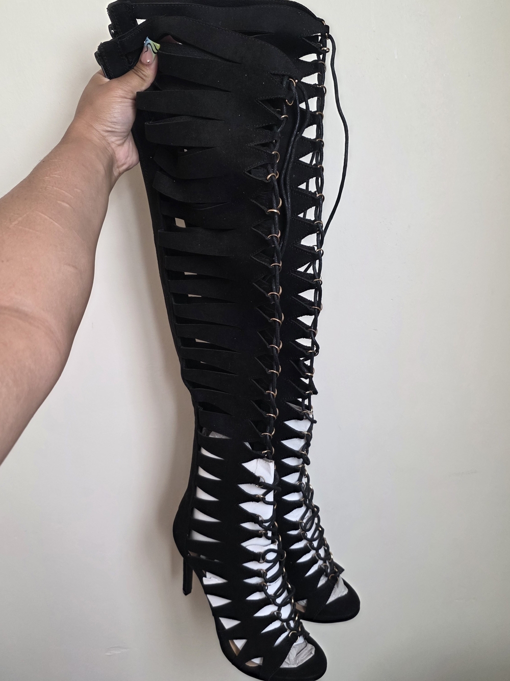 Anne Michelle Black Gladiator Lace-Up Knee-High Heels